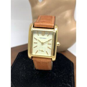 Tory Burch Women's Watch TBW1068 Tank Cream Dial Gold Quartz Brown Leather Band